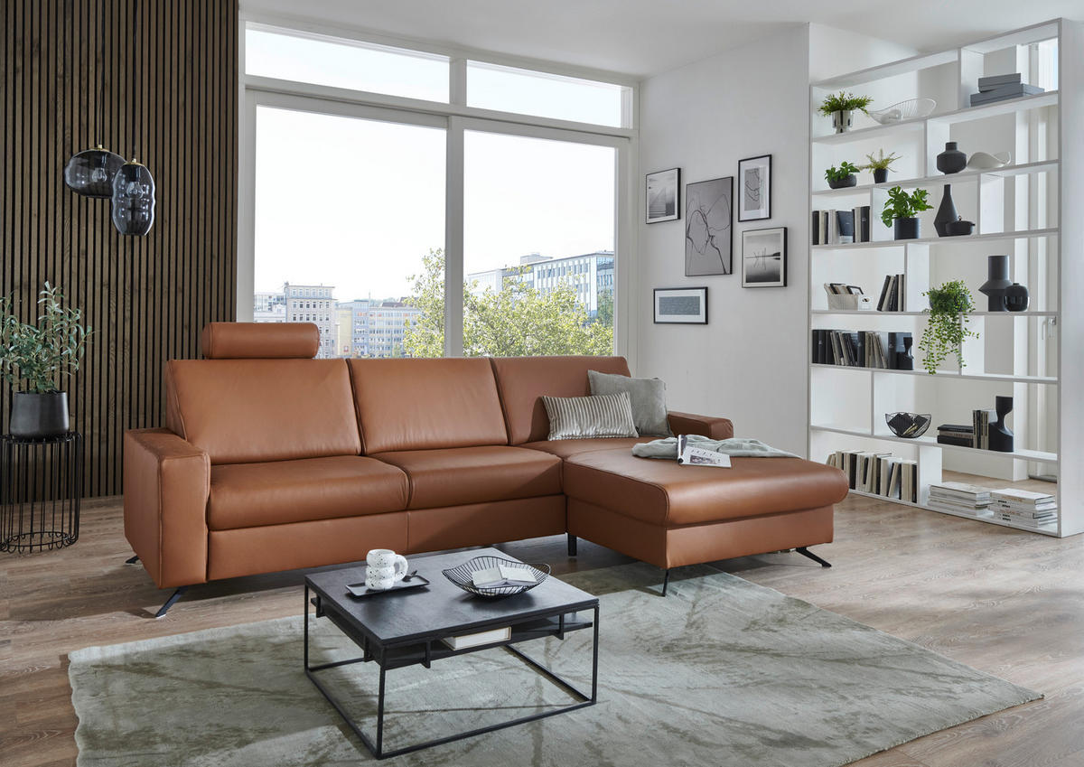 ECKSOFA in Echtleder Cognac  - Cognac/Schwarz, Design, Leder/Metall (267/165cm) - Lomoco