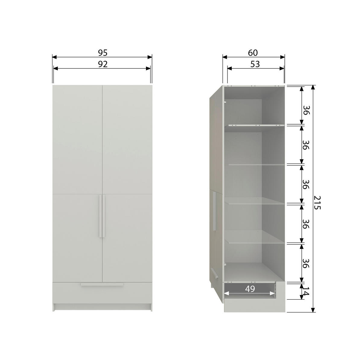 GARDEROBENSCHRANK Pure  in 95/215/60 cm  - Hellgrau, Design, Holz (95/215/60cm) - Livetastic