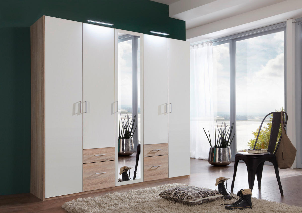 DREHTÜRENSCHRANK in Weiss, Eichefarben  - Weiss/Eichefarben, Design, Glas/Holzwerkstoff (225/210/58cm) - MID.YOU