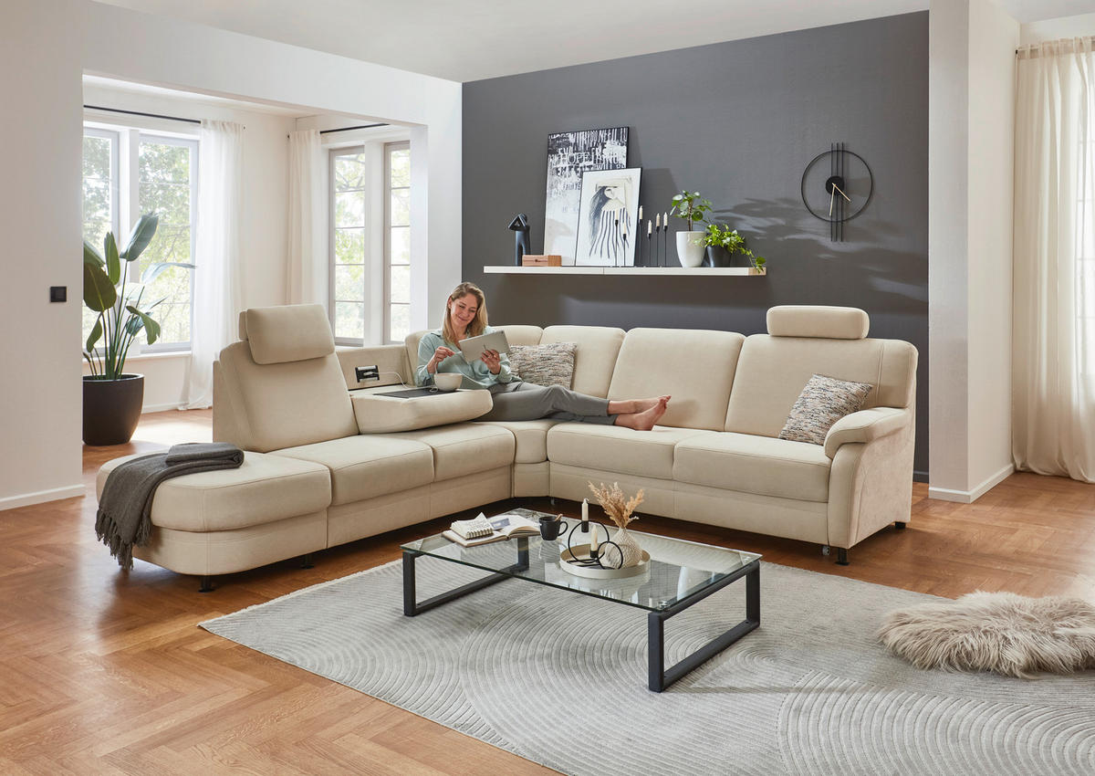 ECKSOFA in Flachgewebe Beige  - Beige/Schwarz, Konventionell, Textil/Metall (287/269cm) - Beldomo System