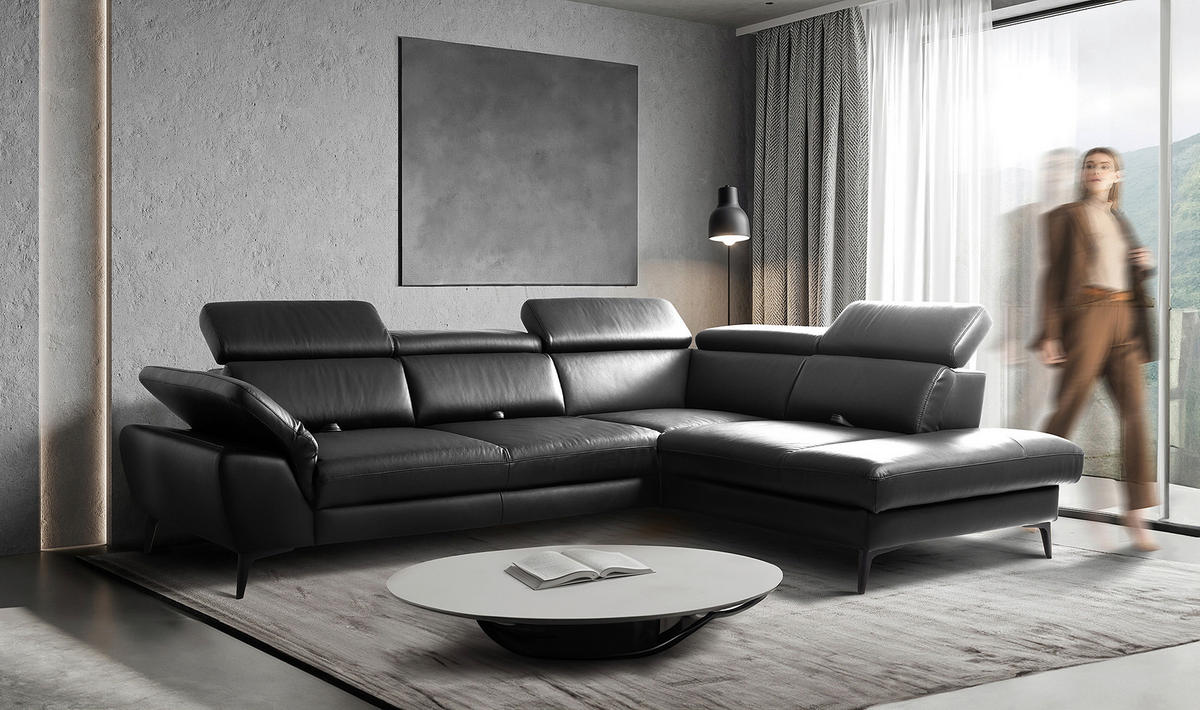 ECKSOFA Schwarz Echtleder Lederlook Bettkasten, Schlaffunktion, Rücken echt, Armteilverstellung, Kopfteilverstellung, Sitztiefenverstellung  - Schwarz, Design, Leder/Textil (274/220cm) - Livetastic