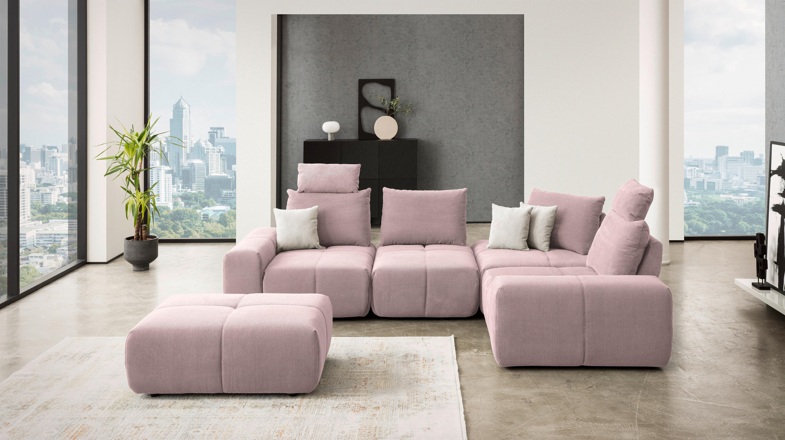 ECKSOFA in Velours Altrosa  - Schwarz/Altrosa, Design, Kunststoff/Textil (326/236cm) - Xora