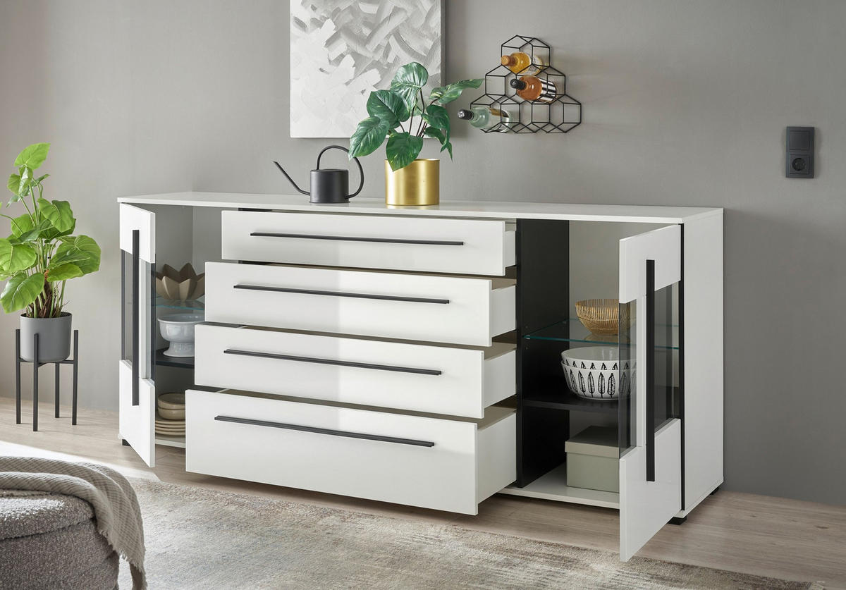 SIDEBOARD  200/86/42 cm 4 Schublade(n)  - Weiß Hochglanz/Schwarz, Design, Glas/Holzwerkstoff (200/86/42cm) - Livetastic