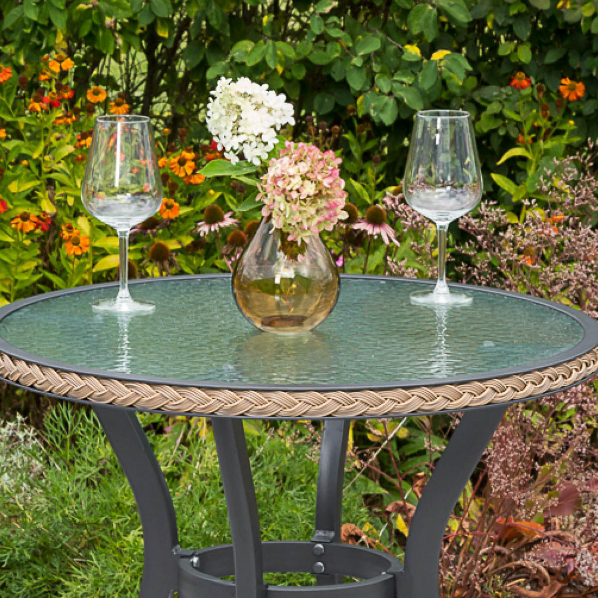 GARTENTISCH Metall, Glas rund  - Graphitfarben/Naturfarben, ROMANTIK / LANDHAUS, Glas/Metall (70cm) - Gardenson