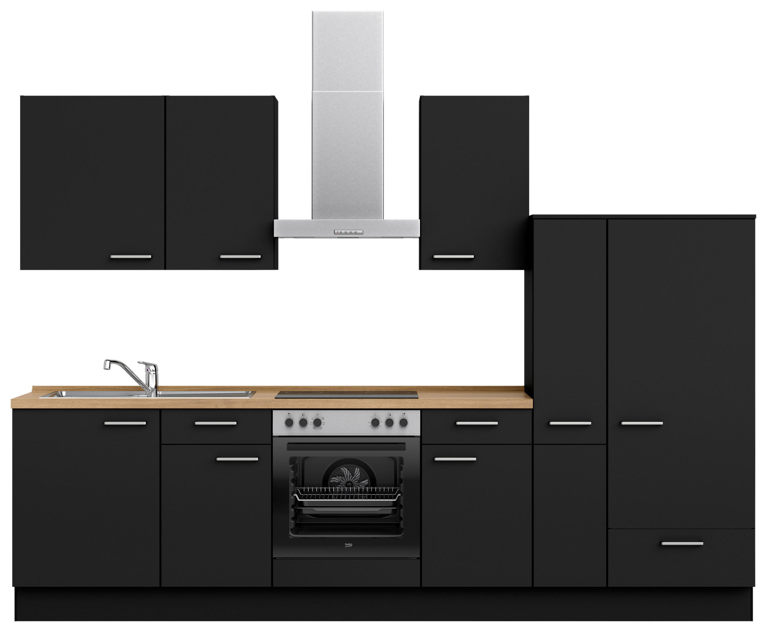 KÜCHENLEERBLOCK 300 cm   in Schwarz, Eichefarben  - Edelstahlfarben/Eichefarben, MODERN, Holzwerkstoff/Metall (300cm) - Nobilia