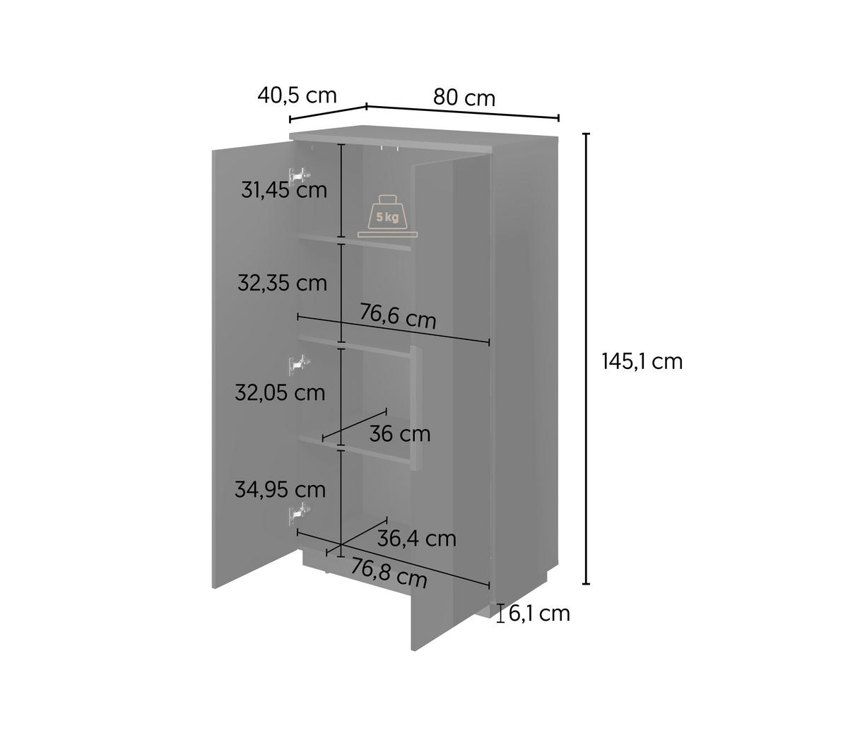 HIGHBOARD Tuluza 80/145,1/40,5 cm  - Schwarz Hochglanz/Schwarz, Design, Holzwerkstoff/Metall (80/145,1/40,5cm) - MID.YOU