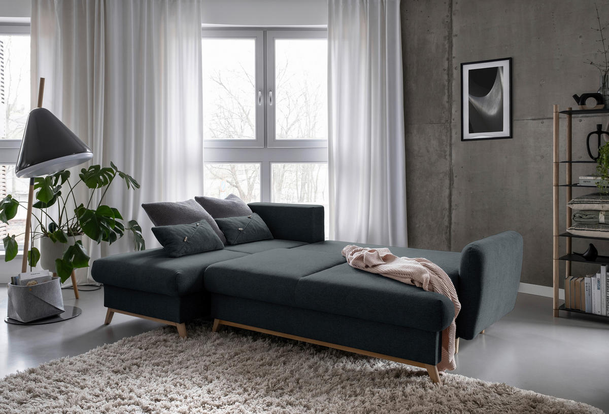 KUTNA GARNITURA tekstil  tamno siva   - tamno siva/prirodne boje, tekstil/drvo (157/235cm) - MID.YOU