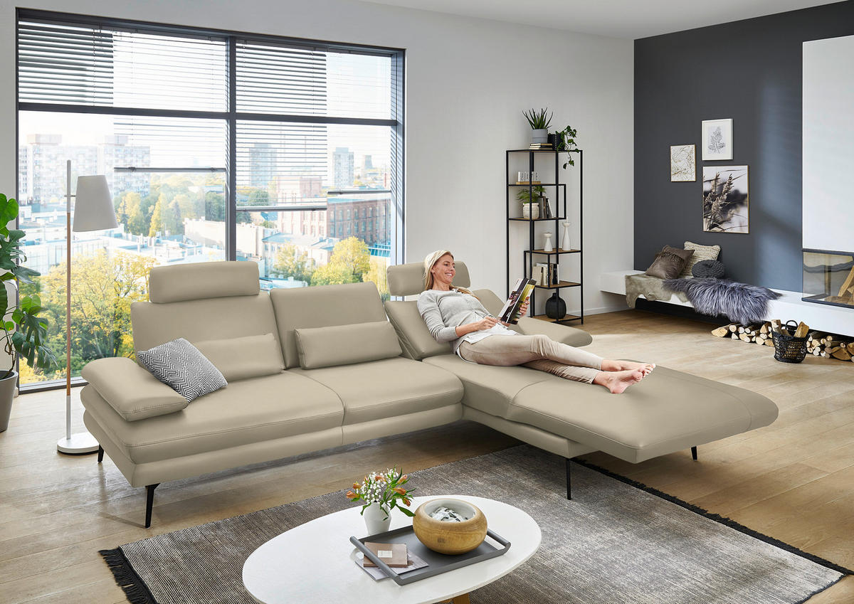 ECKSOFA in Echtleder Creme, Naturfarben  - Creme/Schwarz, Design, Leder/Metall (310/180cm) - Dieter Knoll