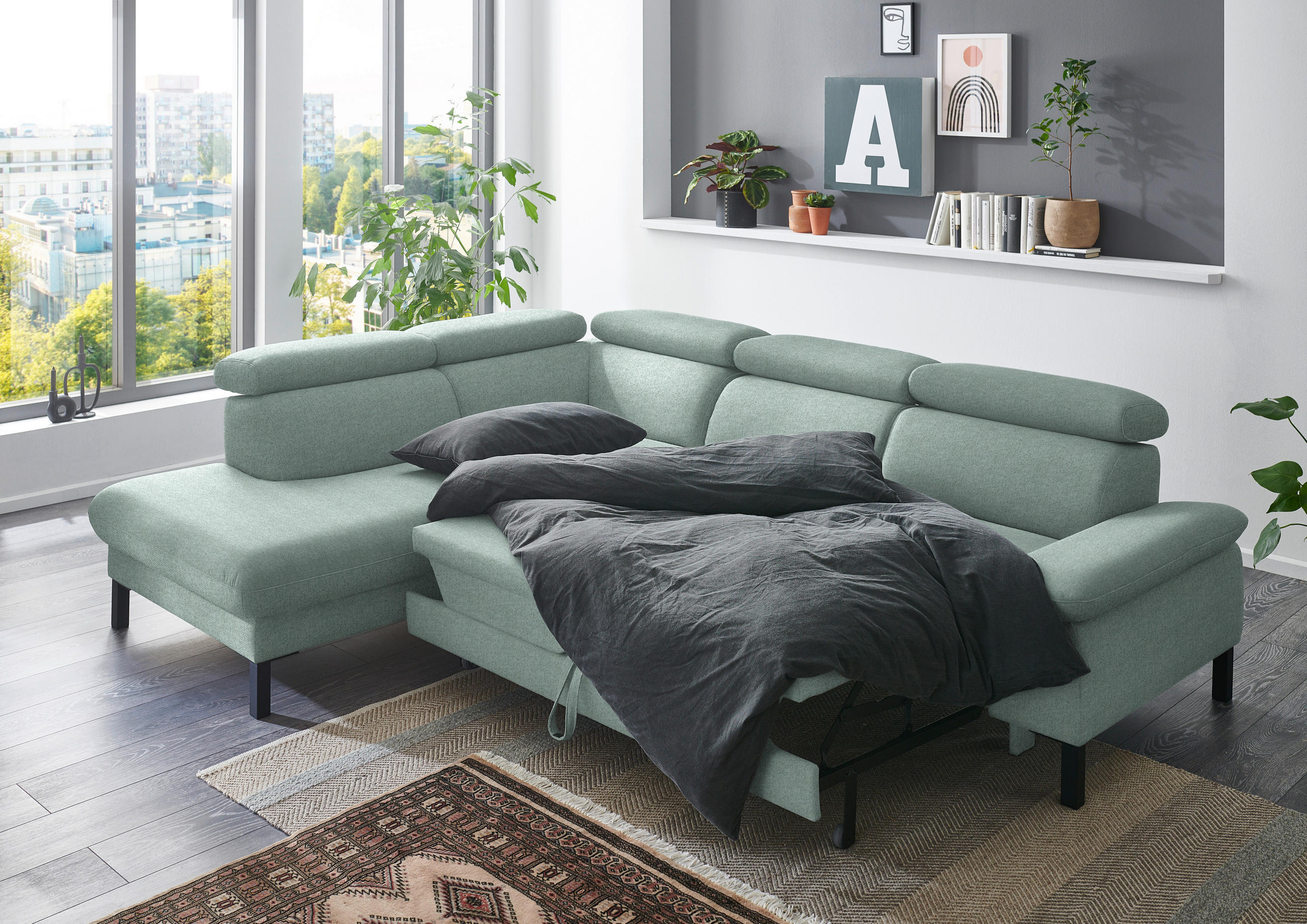 ECKSOFA in Flachgewebe Mintgrün  - Schwarz/Mintgrün, Design, Holzwerkstoff/Textil (217/272cm) - Pure Home Comfort