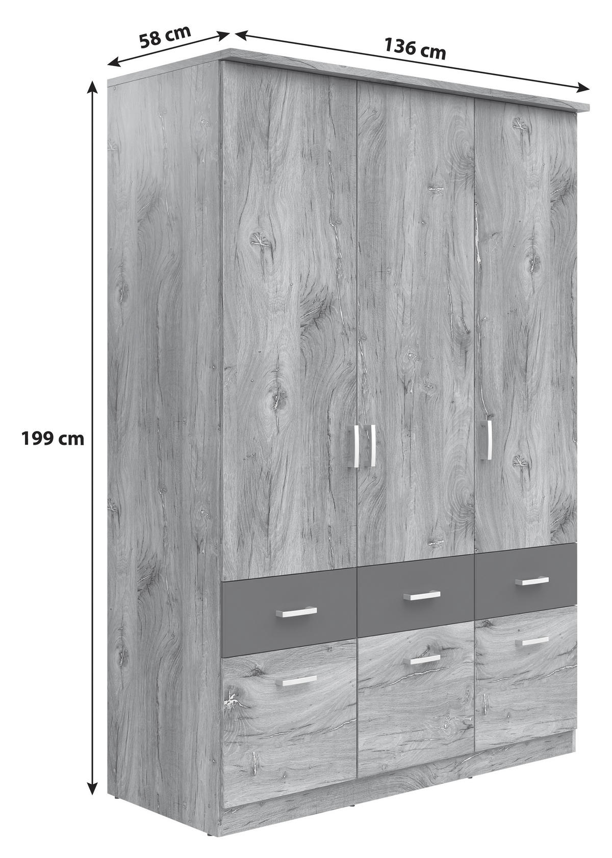 KLEIDERSCHRANK 136/199/58 cm,  in Graphitfarben, Eichefarben, 3-türig  - Eichefarben/Silberfarben, KONVENTIONELL, Holzwerkstoff/Kunststoff (136/199/58cm) - MID.YOU