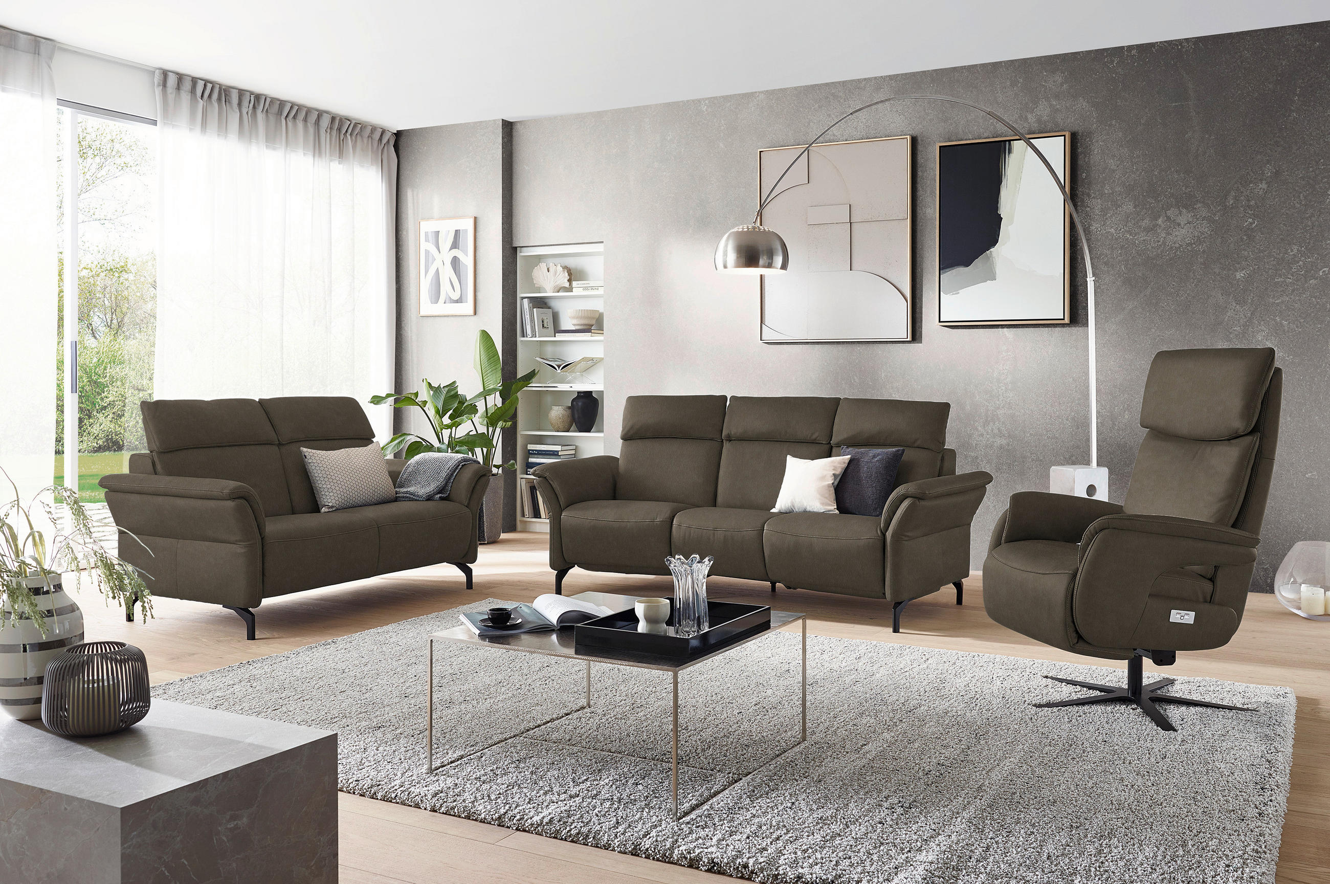 TRAPEZSOFA Echtleder Graubraun  - Graubraun/Schwarz, KONVENTIONELL, Leder/Metall (221/103/95cm) - Dieter Knoll