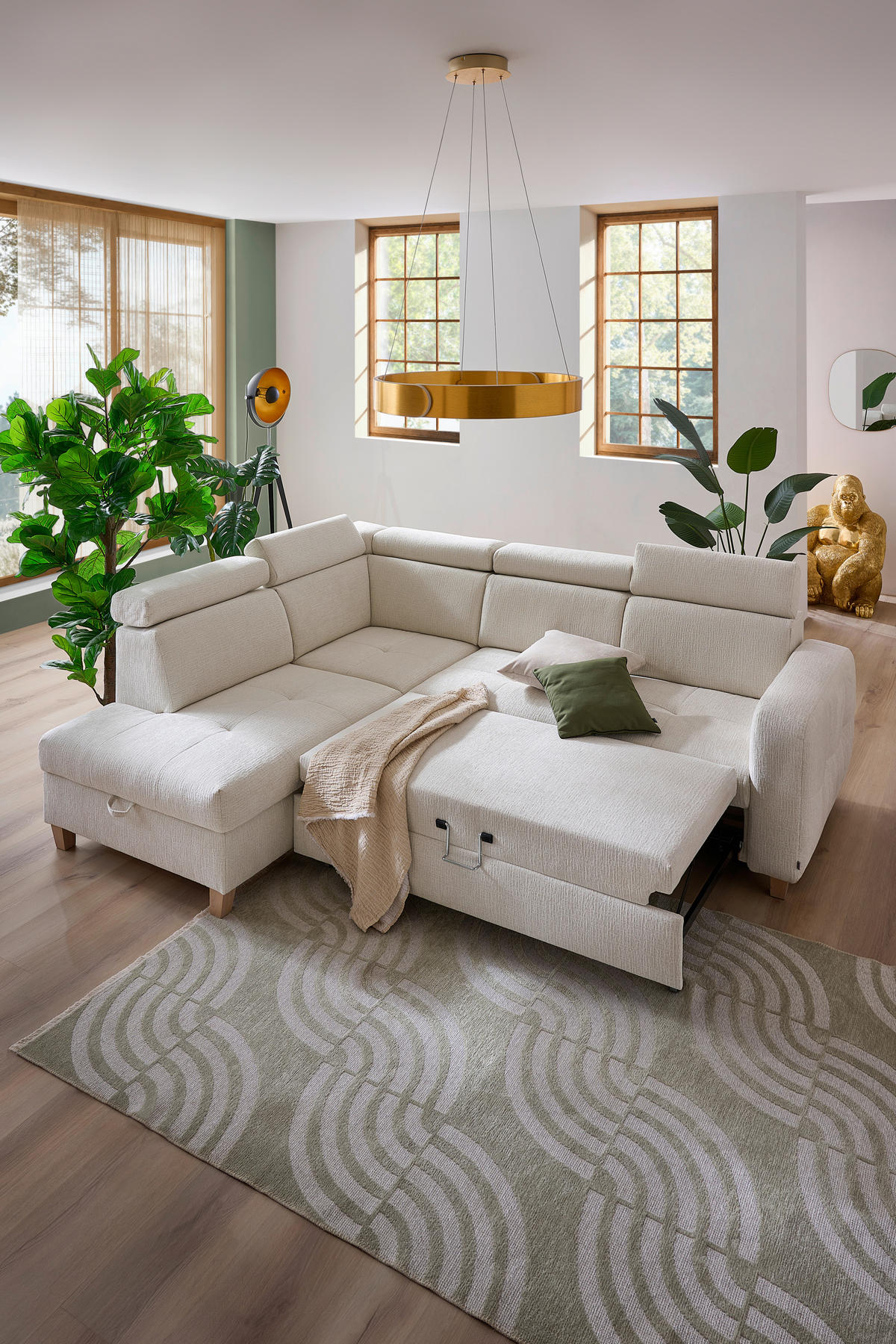 ECKSOFA in Samt Weiß  - Weiß, Natur, Holz/Textil (206/261cm) - Venda