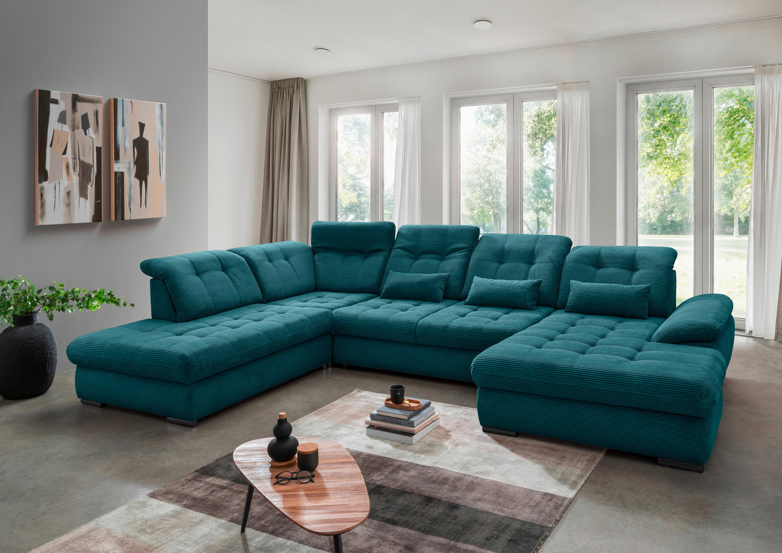 WOHNLANDSCHAFT in Cord Petrol  - Petrol/Schwarz, Modern, Textil/Metall (252/387/184cm) - Livetastic