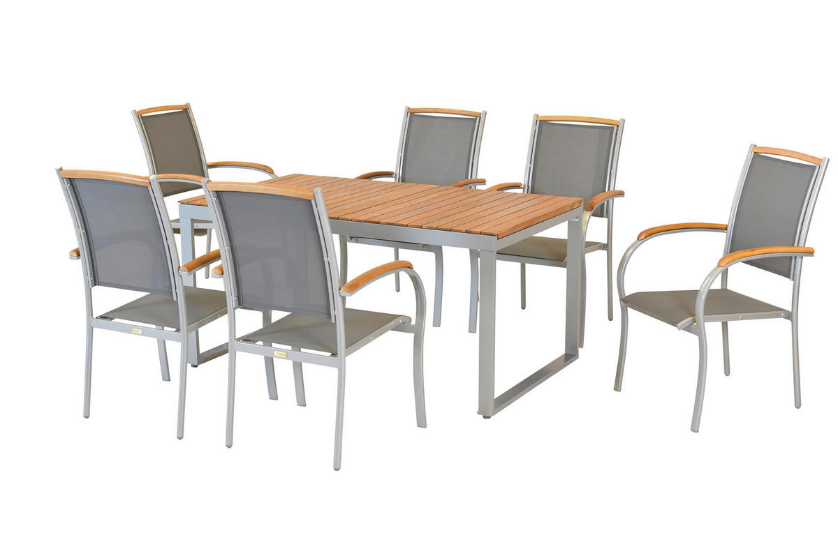 GARTENTISCHGRUPPE beschichtet AkazieHartholz Aluminium  - Silberfarben/Naturfarben, KONVENTIONELL, Holz/Textil - Gardenson