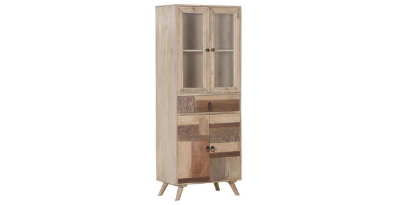 VITRINE in massiv Mangoholz Braun  - Klar/Messingfarben, Design, Glas/Holz (70/180/42cm) - Landscape