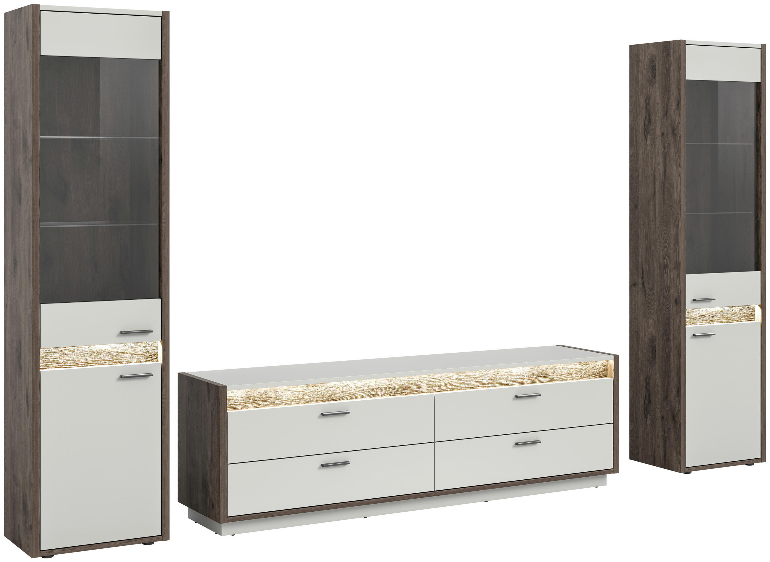 WOHNWAND 3-teilig  in Hellgrau  319/198/43 cm  - Hellgrau, Design, Glas/Holzwerkstoff (319/198/43cm) - MID.YOU