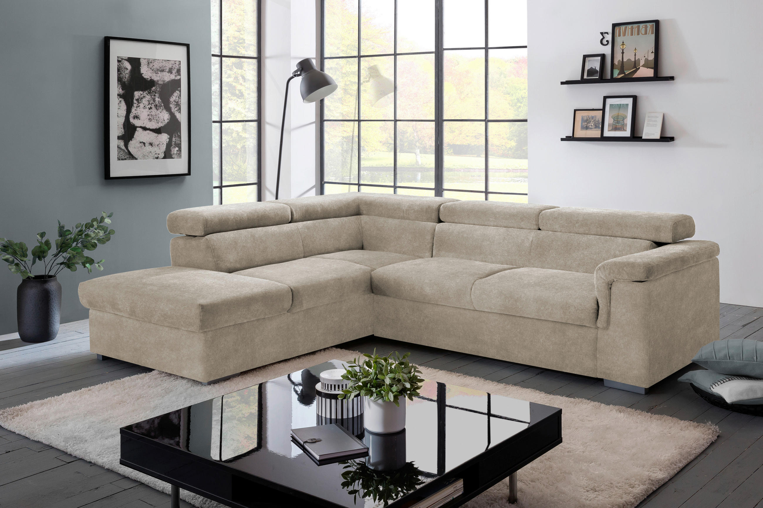 ECKSOFA Platinfarben Flachgewebe  - Platinfarben, Basics, Holz/Textil (217/252cm) - MID.YOU