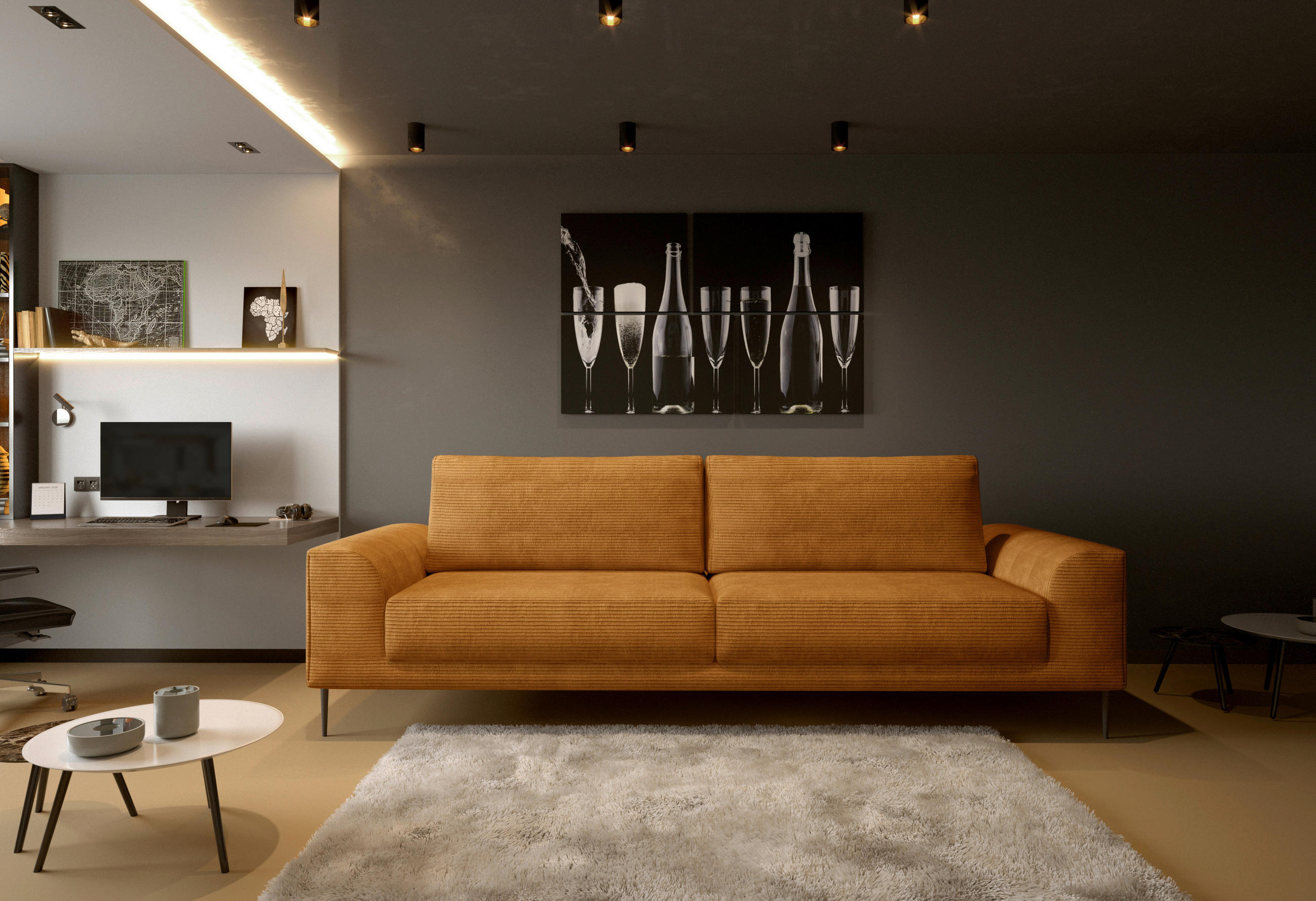 BÄDDSOFFA i manchester currygul  - currygul/svart, Design, metall/textil (250/89/105cm) - Livetastic
