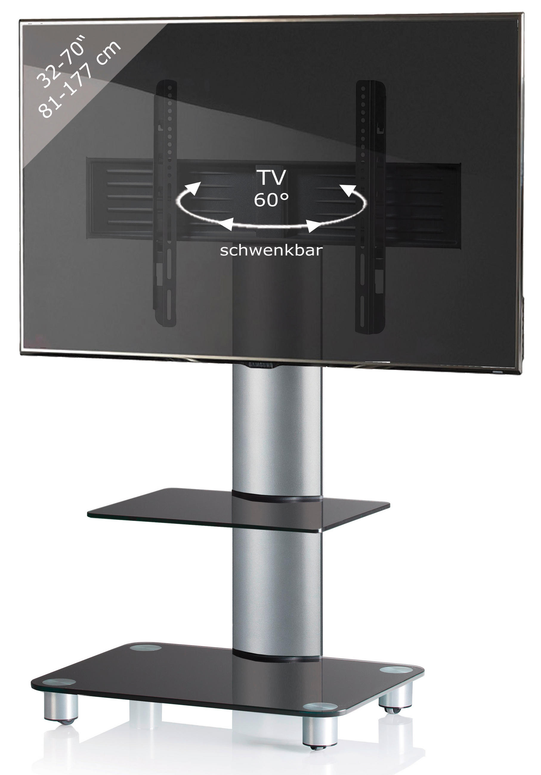 TV-RACK Metall, Glas Schwarz, Silberfarben  - Silberfarben/Schwarz, KONVENTIONELL, Glas/Metall (60/100/44cm) - MID.YOU