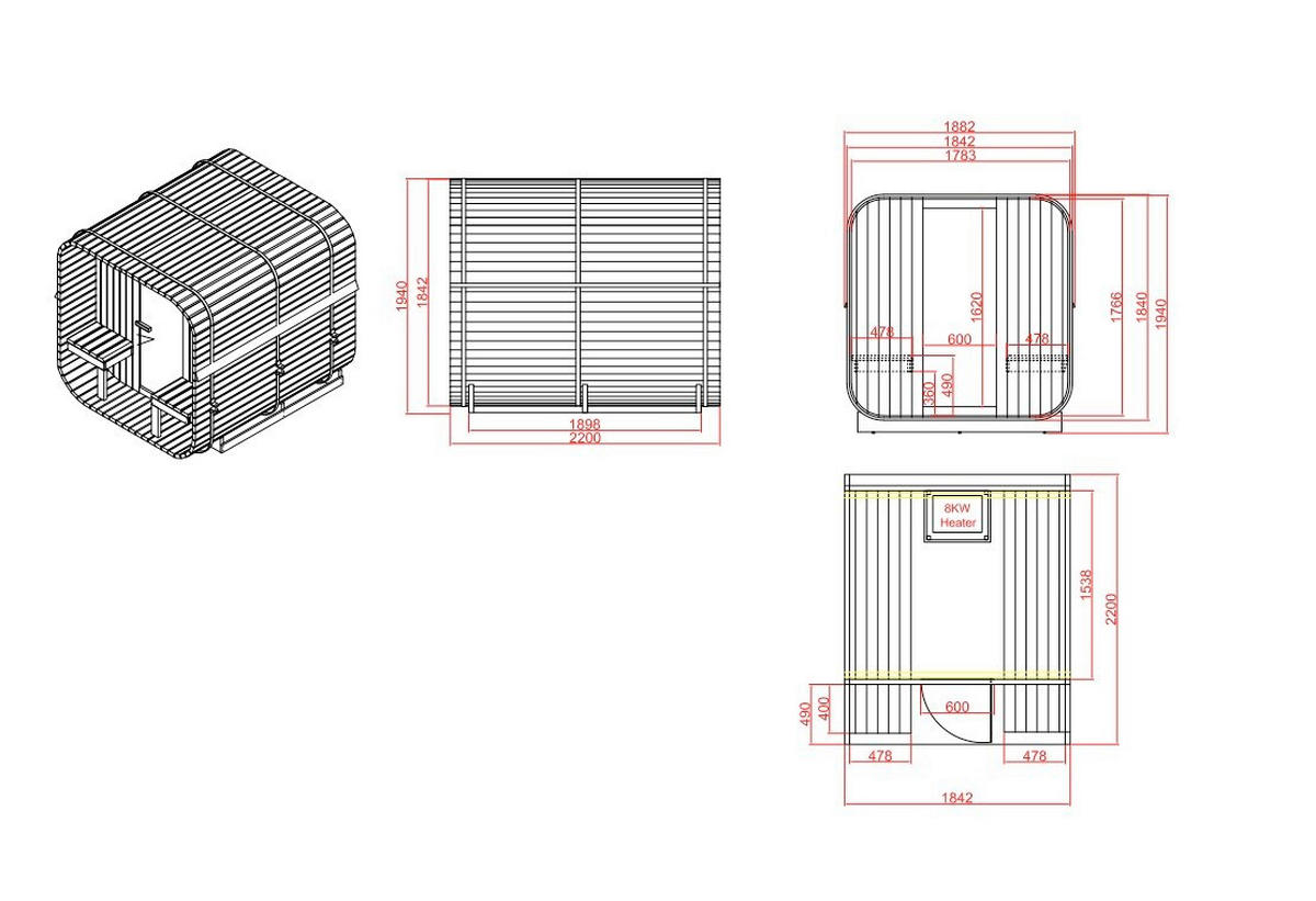 SAUNA für 4 Personen Göteborg  - Naturfarben, KONVENTIONELL, Glas/Holz (220/194/188,2cm)