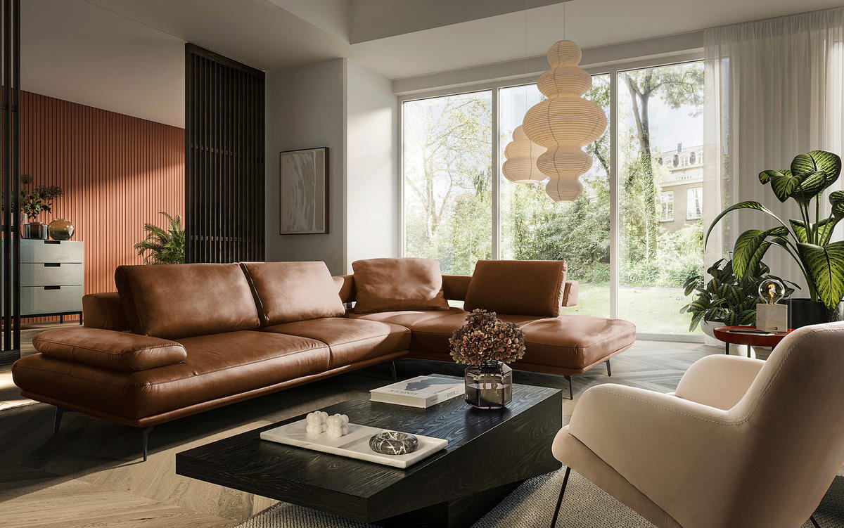 ECKSOFA  in Echtleder Cognac  306/237 cm  - Cognac/Schwarz, Design, Leder/Metall (306/237cm) - Livetastic