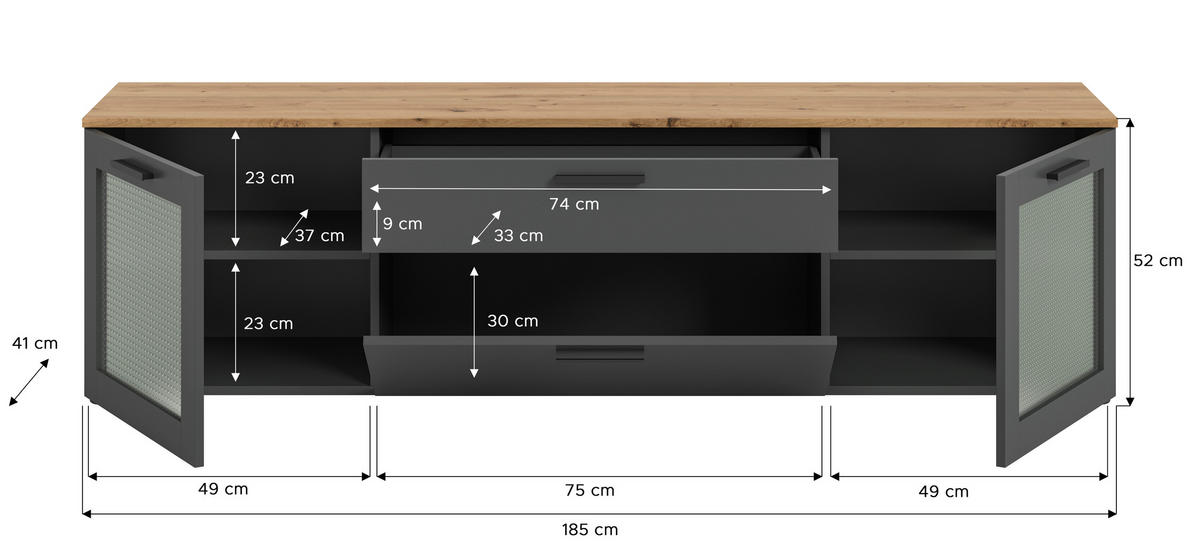 LOWBOARD  in 185/52/40 cm  - Schwarz/Eiche Artisan, Design, Glas/Holzwerkstoff (185/52/40cm) - MID.YOU