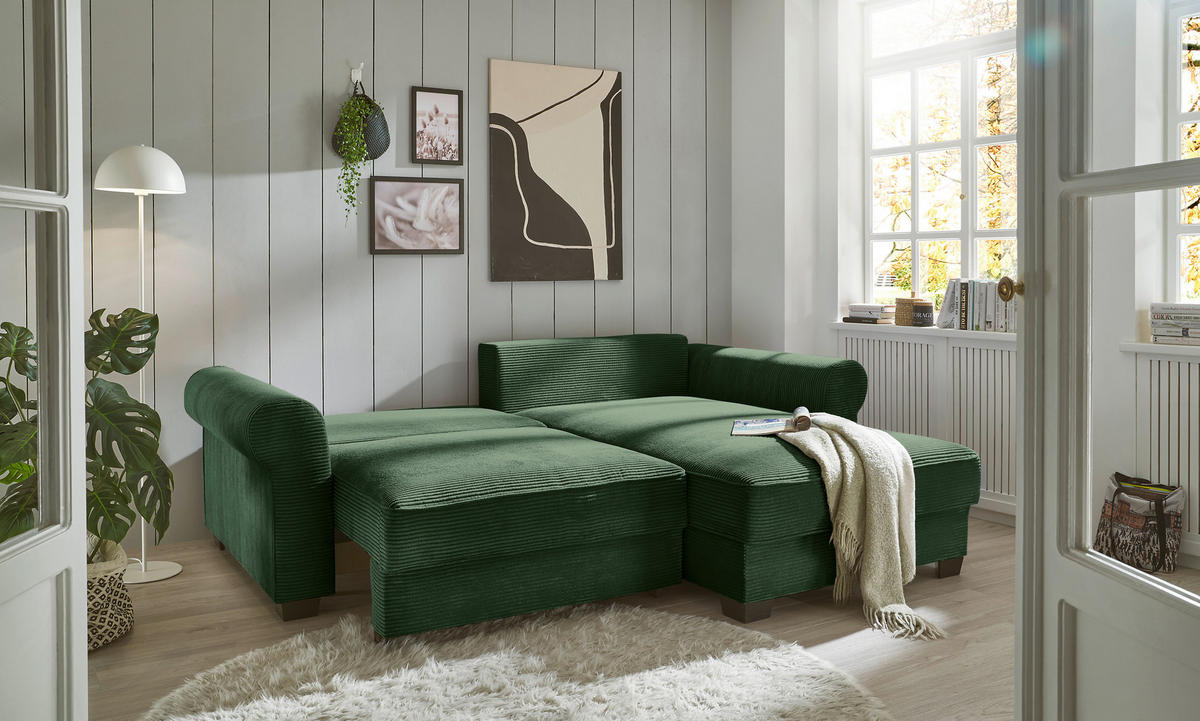 ECKSOFA in Cord Dunkelgrün  - Dunkelgrün/Schwarz, Konventionell, Kunststoff/Textil (255/185cm) - MID.YOU