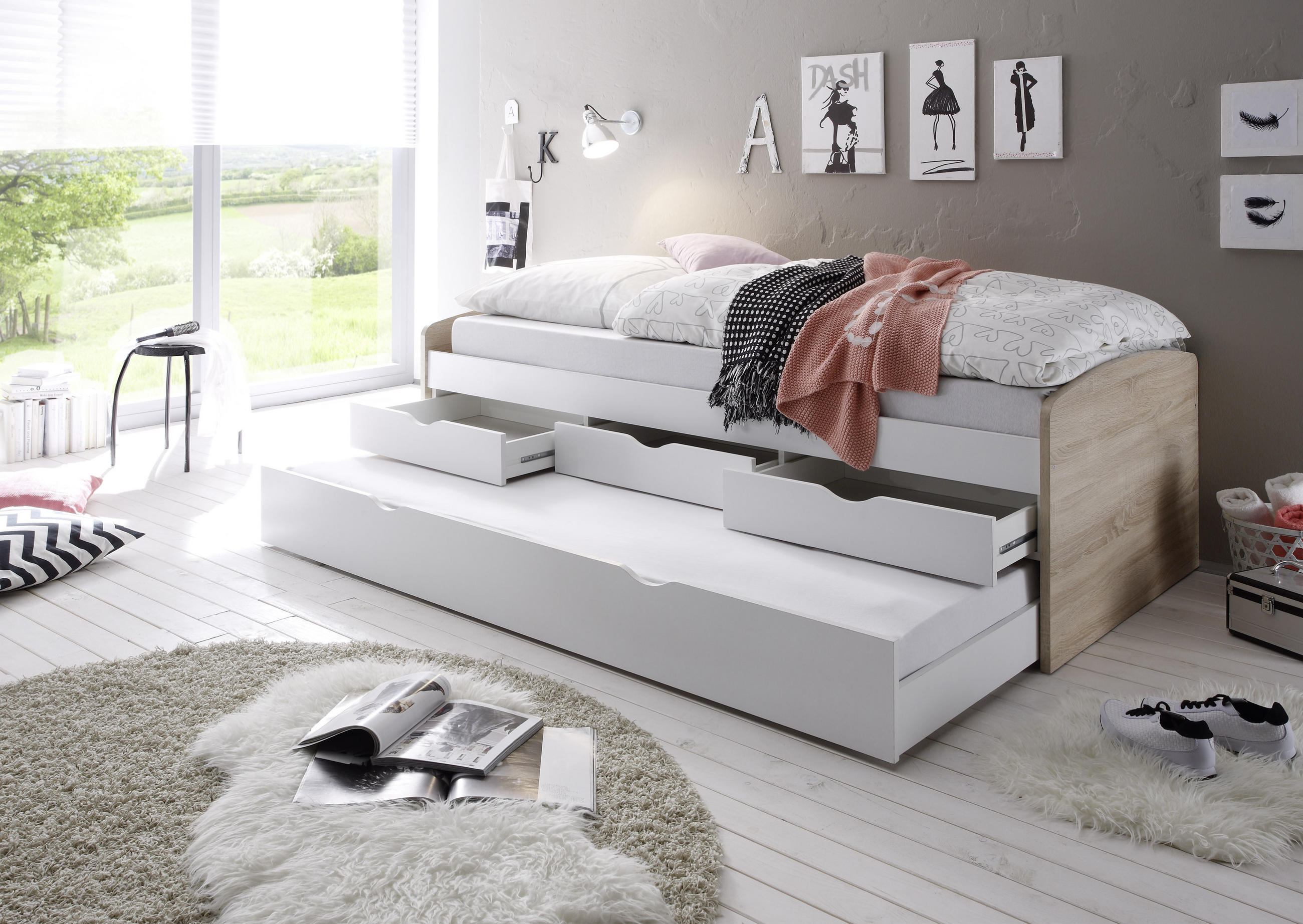 Stauraumbett in Weiss/Sonoma 90/200 cm Weiss, Sonoma Eiche  - Weiss/Schwarz, Basics, Holzwerkstoff/Kunststoff (90/200cm) - MID.YOU
