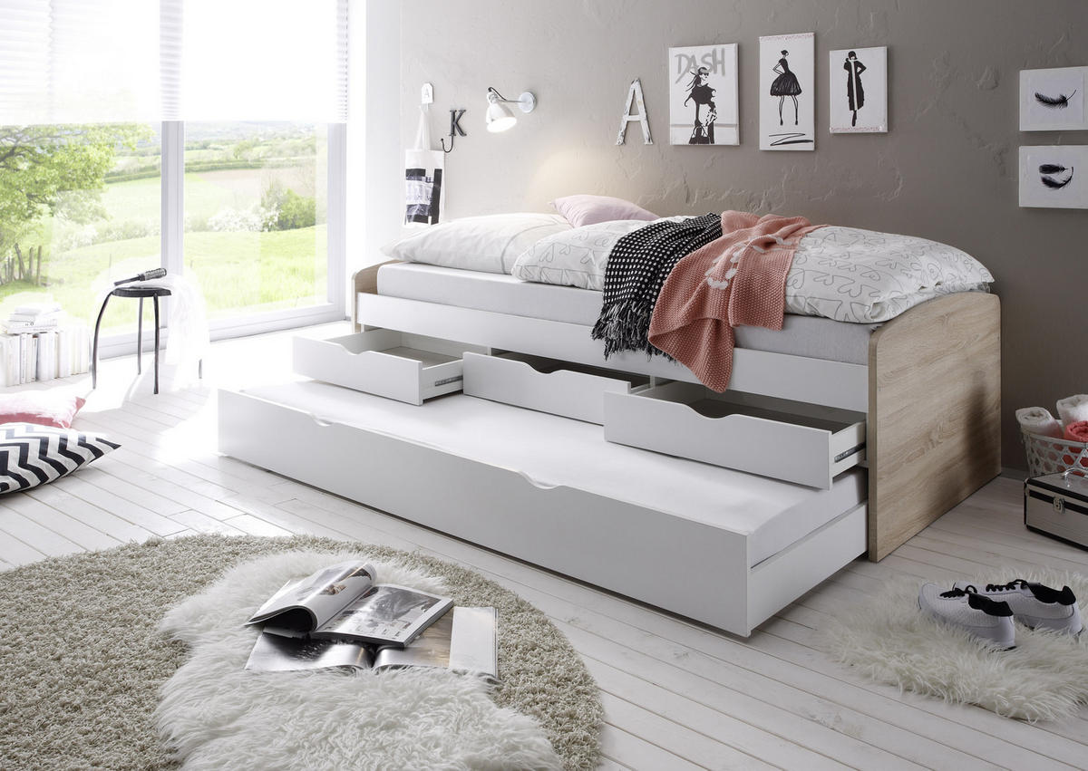 AUSZIEHBETT 90/200 cm  in Weiß, Sonoma Eiche  - Schwarz/Weiß, Basics, Holzwerkstoff/Kunststoff (90/200cm) - MID.YOU