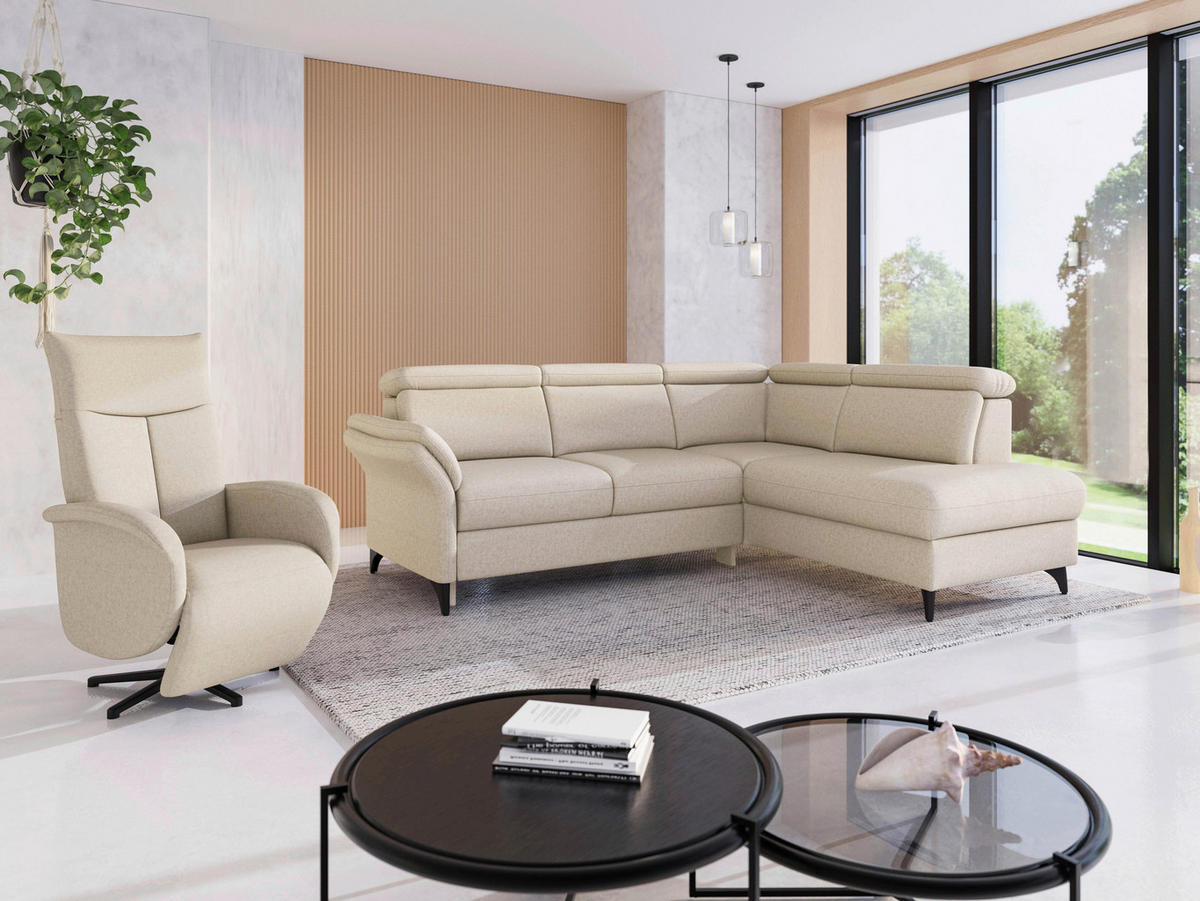 ECKSOFA GLENDALE E in Flachgewebe Creme  247/193 cm  - Creme/Schwarz, KONVENTIONELL, Textil/Metall (247/193cm) - Sit & More