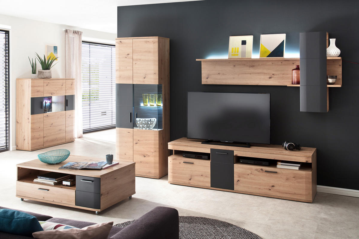 WOHNWAND  in Anthrazit, Klar, Eichefarben  290/198/50 cm  - Klar/Eichefarben, Design, Glas/Holzwerkstoff (290/198/50cm) - Livetastic