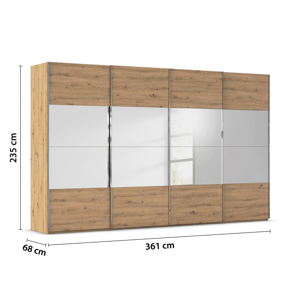 SCHWEBETÜRENSCHRANK 361/223/68 cm 4-türig Eiche Artisan  - Chromfarben/Eiche Artisan, Design, Glas/Holzwerkstoff (361/223/68cm) - Novel