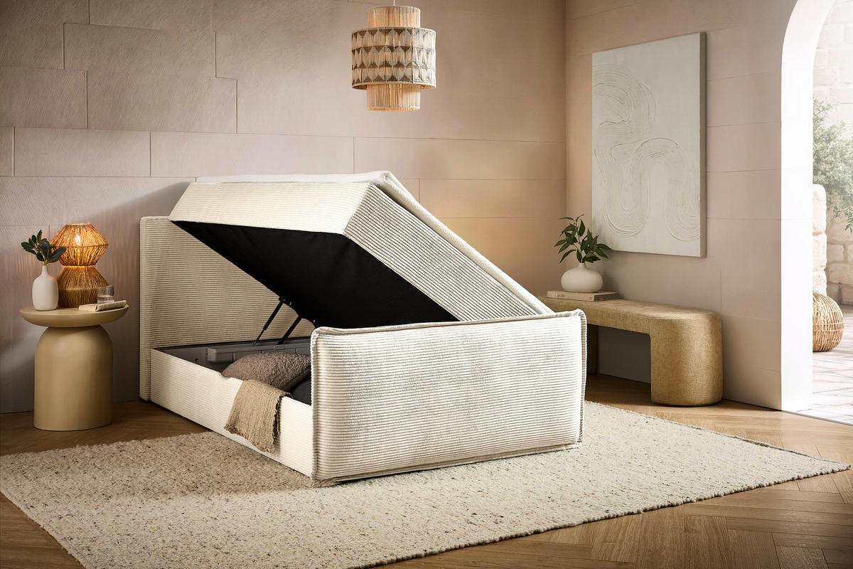 BOXBETT 120/200 cm,  in Beige, Kissen, Bettkasten, Topper, H3 = fest  - Beige/Schwarz, Design, Kunststoff/Textil (120/200cm) - Chameo