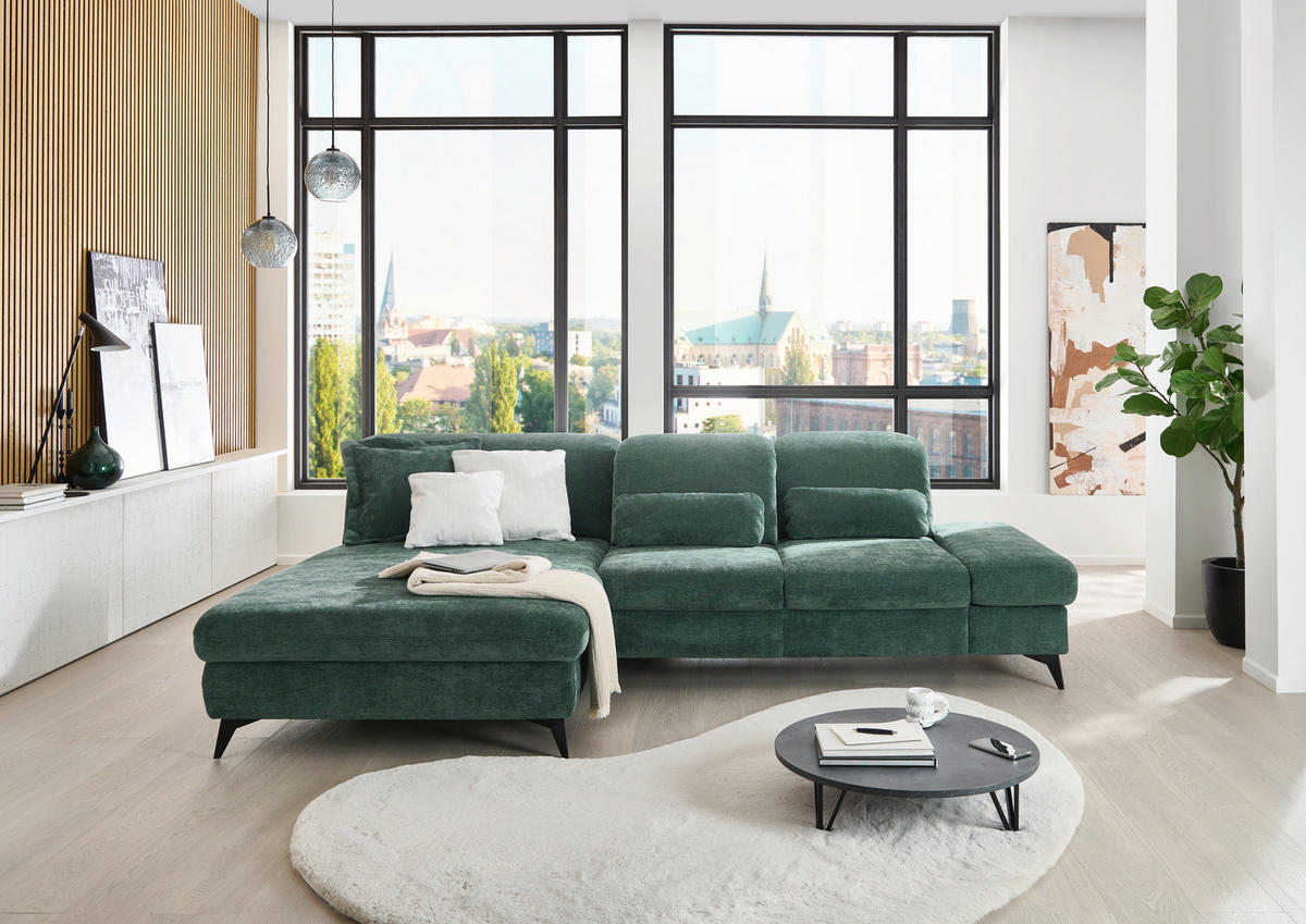 ECKSOFA Dunkelgrün Chenille  - Dunkelgrün/Schwarz, Design, Textil/Metall (198/288cm) - Beldomo Style