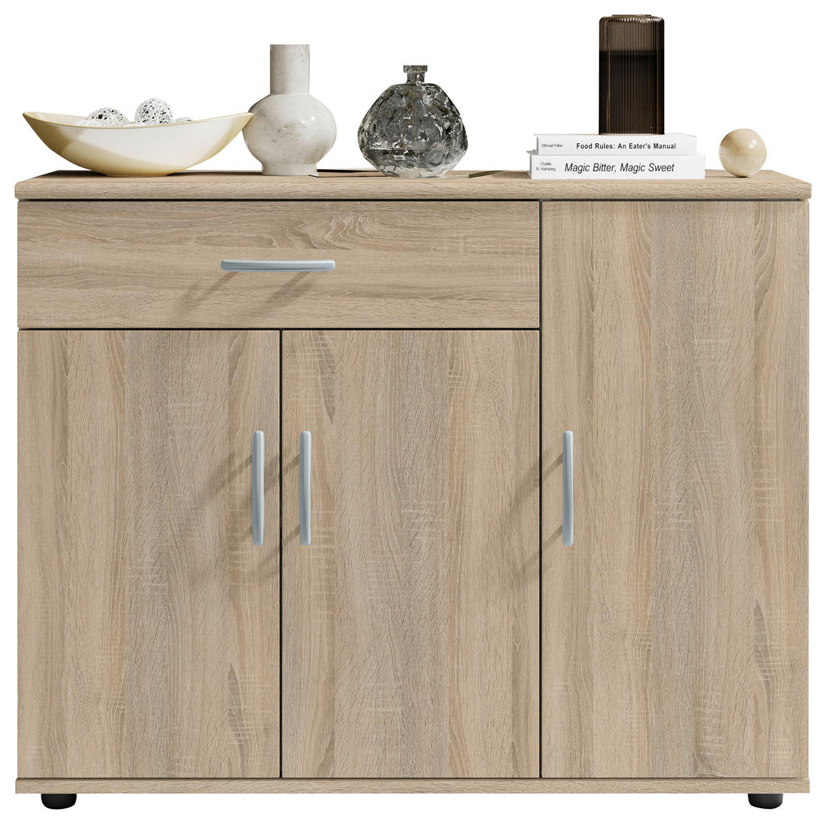 KOMODA  90/70/30 cm  sonoma hrast  - sonoma hrast/srebrna, Dizajnerski, pločasti materijal/plastika (90/70/30cm) - Boxxx