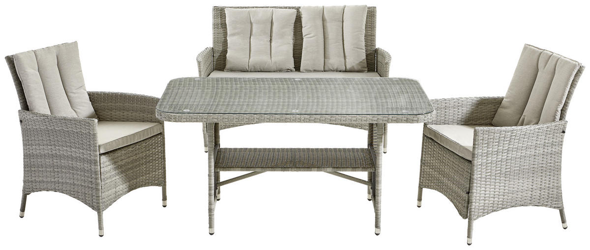 JEDÁLENSKÁ TERASOVÁ SÚPRAVA 4-dielne, kov, plast, sklo, textil - sivá, Modern, kov/textil (262/129/88cm) - Ambia Garden