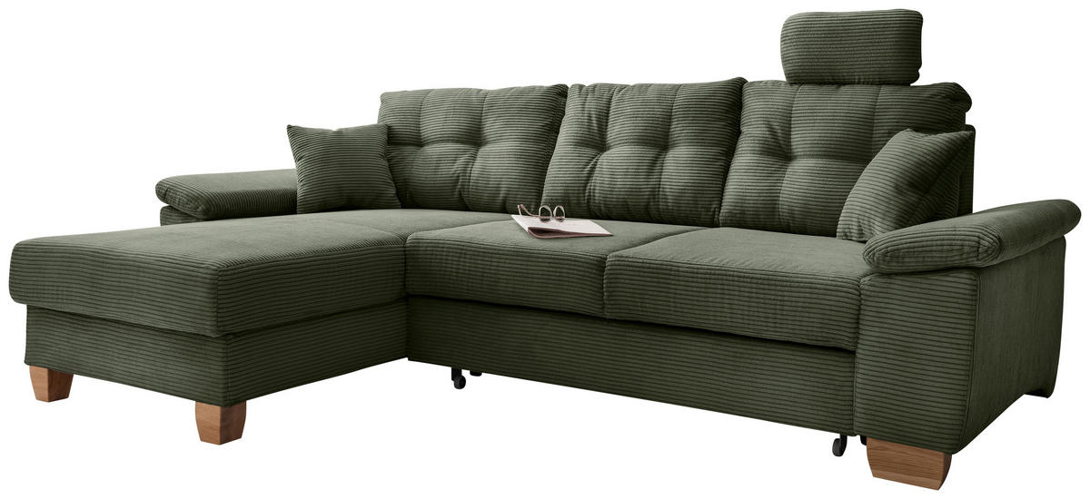 ECKSOFA in Cord Dunkelgrün  - Dunkelgrün/Naturfarben, Modern, Holz/Textil (176/270cm) - Livetastic