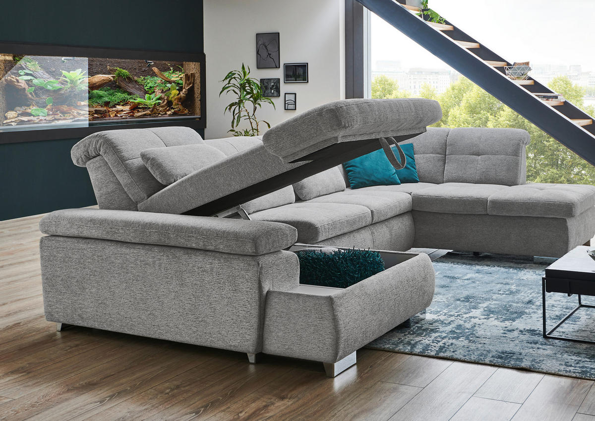 WOHNLANDSCHAFT inkl.Funktionen in Webstoff Alufarben  - Schwarz/Alufarben, Design, Textil/Metall (210/337/174cm) - Beldomo Style