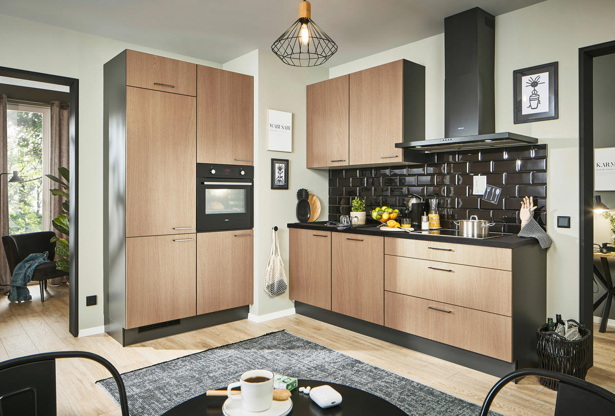 ECKKÜCHE 120/220 cm  in Graphitfarben, Schwarz, Eichefarben  - Chromfarben/Eichefarben, Design, Holzwerkstoff/Metall (120/220cm) - Xora