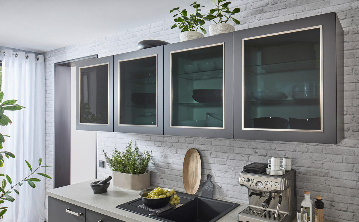 ECKKÜCHE 120/240 cm  in Graphitfarben  - Edelstahlfarben/Hellgrau, KONVENTIONELL, Glas/Holzwerkstoff (120/240cm) - Venda