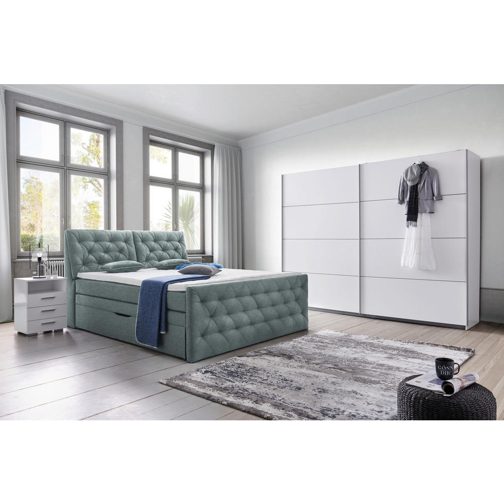 Thumbnail - Carryhome Boxspringbett, Mintgrün, Textil, H2, Höhe ca. 16 cm, 180x200 cm, Bettkasten, gepolstertes Kopfteil, Federkernm...