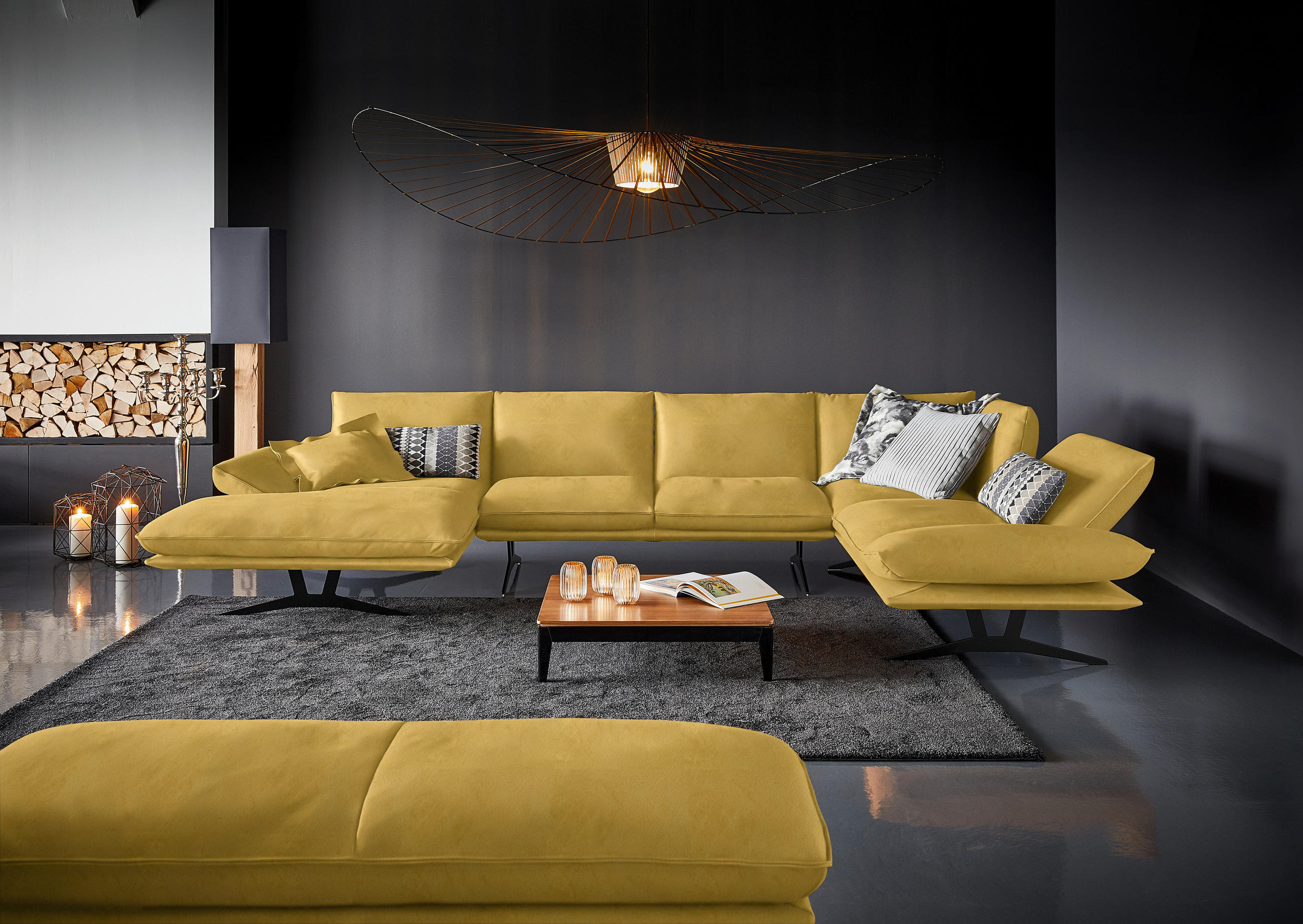 WOHNLANDSCHAFT in Echtleder Gelb  - Gelb/Schwarz, Natur, Leder/Metall (155/314/217cm) - Dieter Knoll