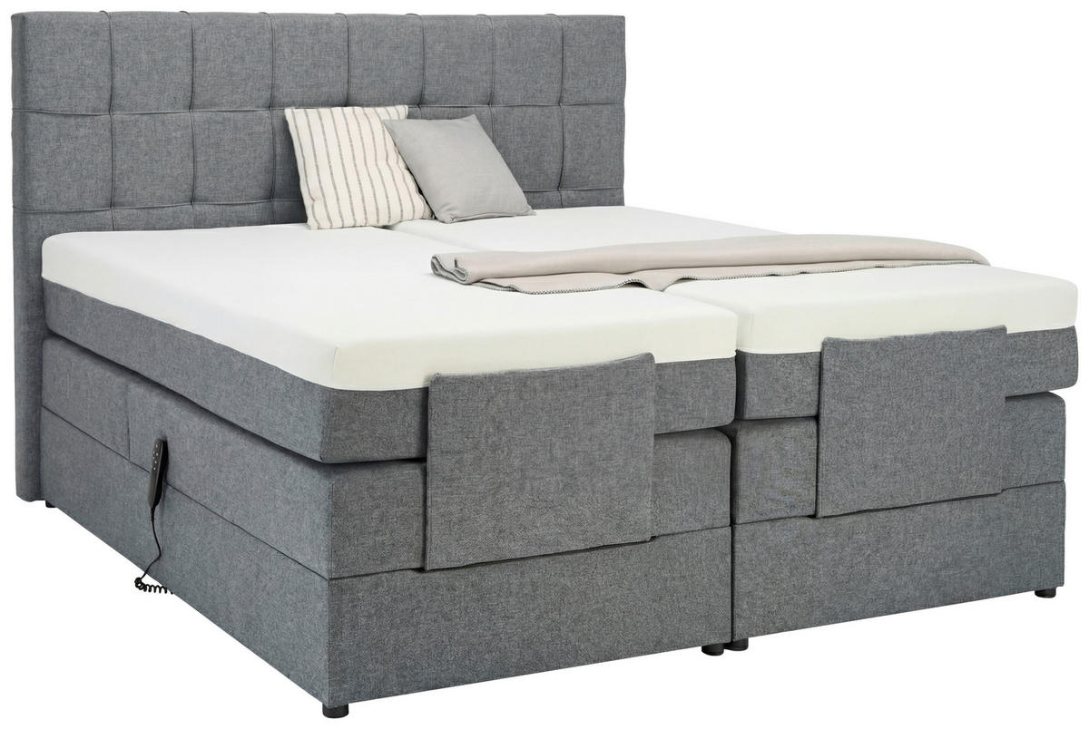 BOXSPRINGBETT 180/200 cm,  in Grau, gepolstertes Kopfteil, Topper, motorische Verstellbarkeit, Fernbedienung, Matratzen, H3 = fest  - Schwarz/Grau, KONVENTIONELL, Kunststoff/Textil (180/200cm) - Moderano