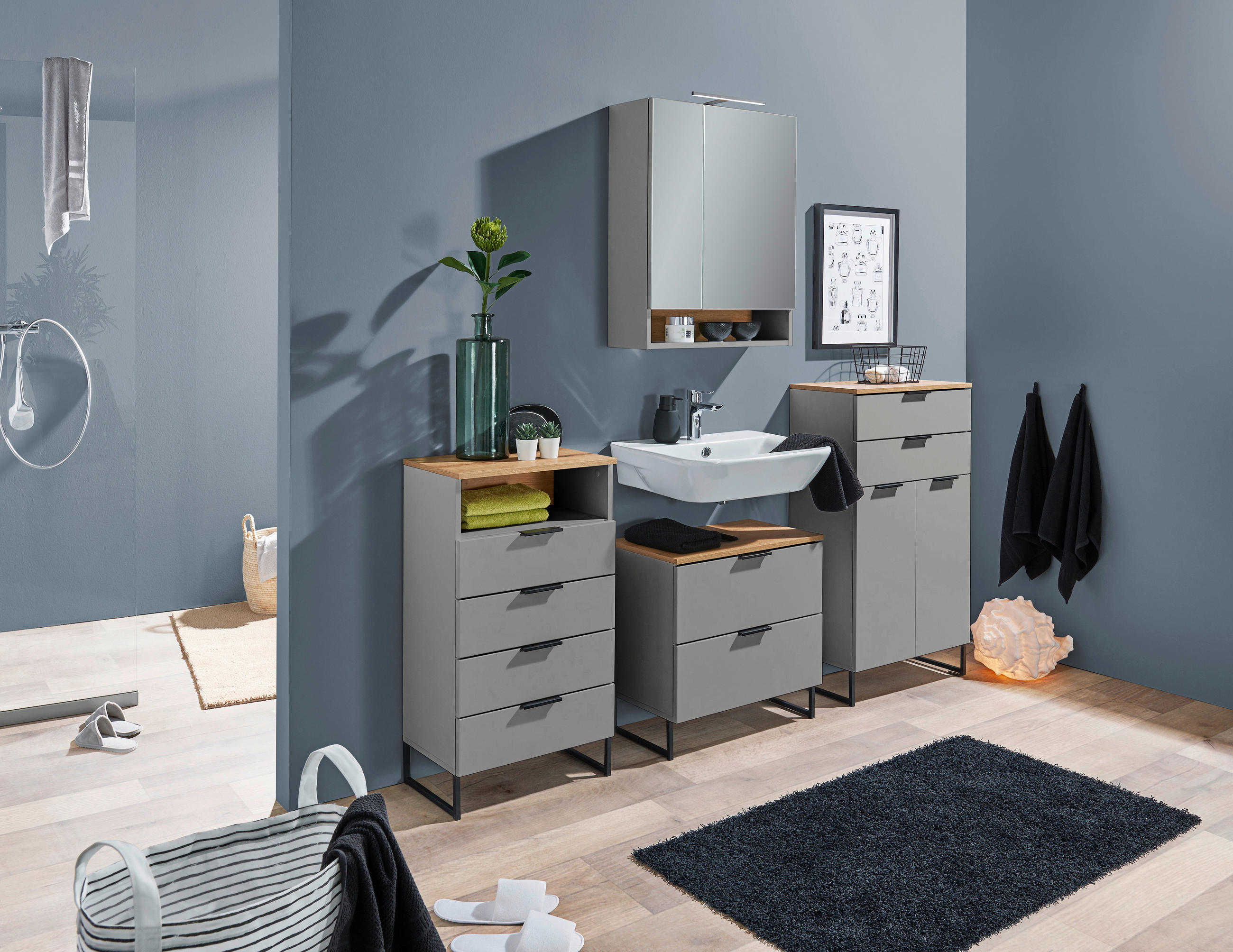 MIDISCHRANK 50/91/32 cm  - Eichefarben/Schwarz, KONVENTIONELL, Holzwerkstoff/Metall (50/91/32cm) - home24