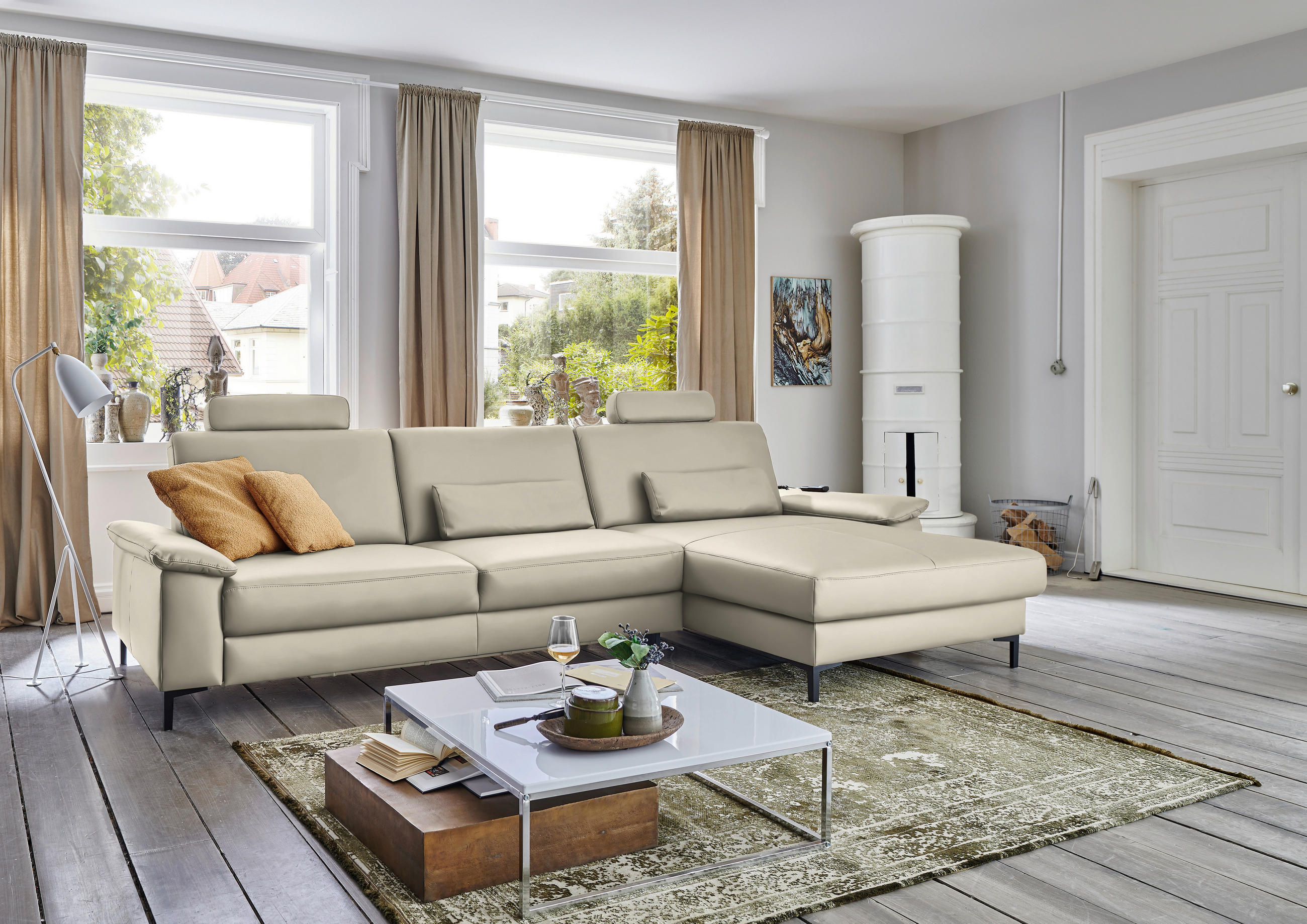 ECKSOFA in Echtleder Ecru  - Ecru/Schwarz, Design, Leder/Metall (334/176cm) - Dieter Knoll