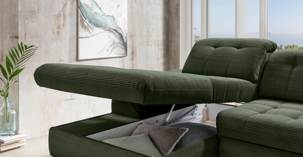 ECKSCHLAFSOFA  mit seitenverkehrt erhältlich, Rücken echt, Armteil links, Armteil rechts Cord Dunkelgrün  - Dunkelgrün/Schwarz, MODERN, Textil/Metall (189/273cm) - Livetastic