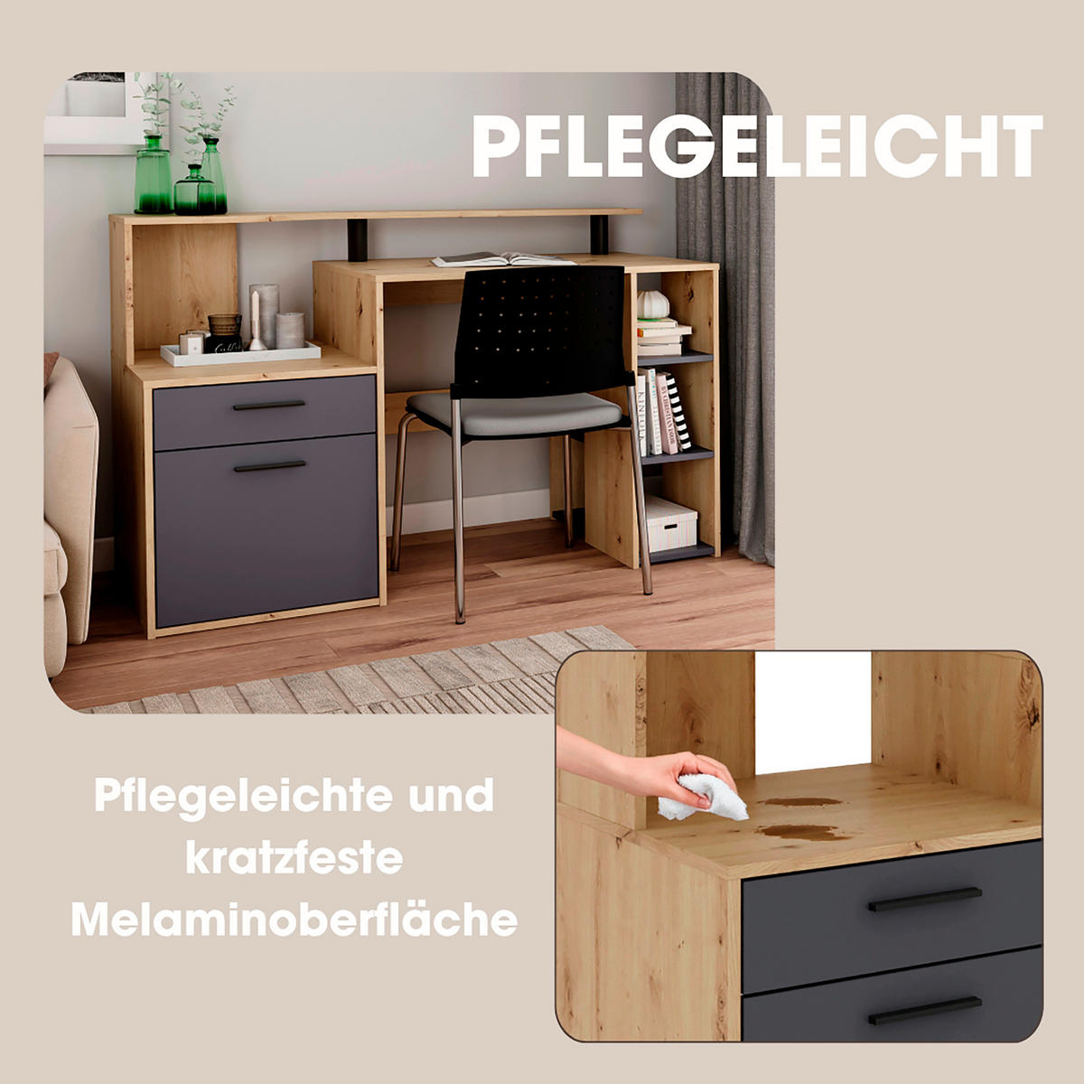 SCHREIBTISCH 140/55/89 cm  in Anthrazit, Eiche Artisan  - Anthrazit/Schwarz, MODERN, Holzwerkstoff/Kunststoff (140/55/89cm) - MID.YOU