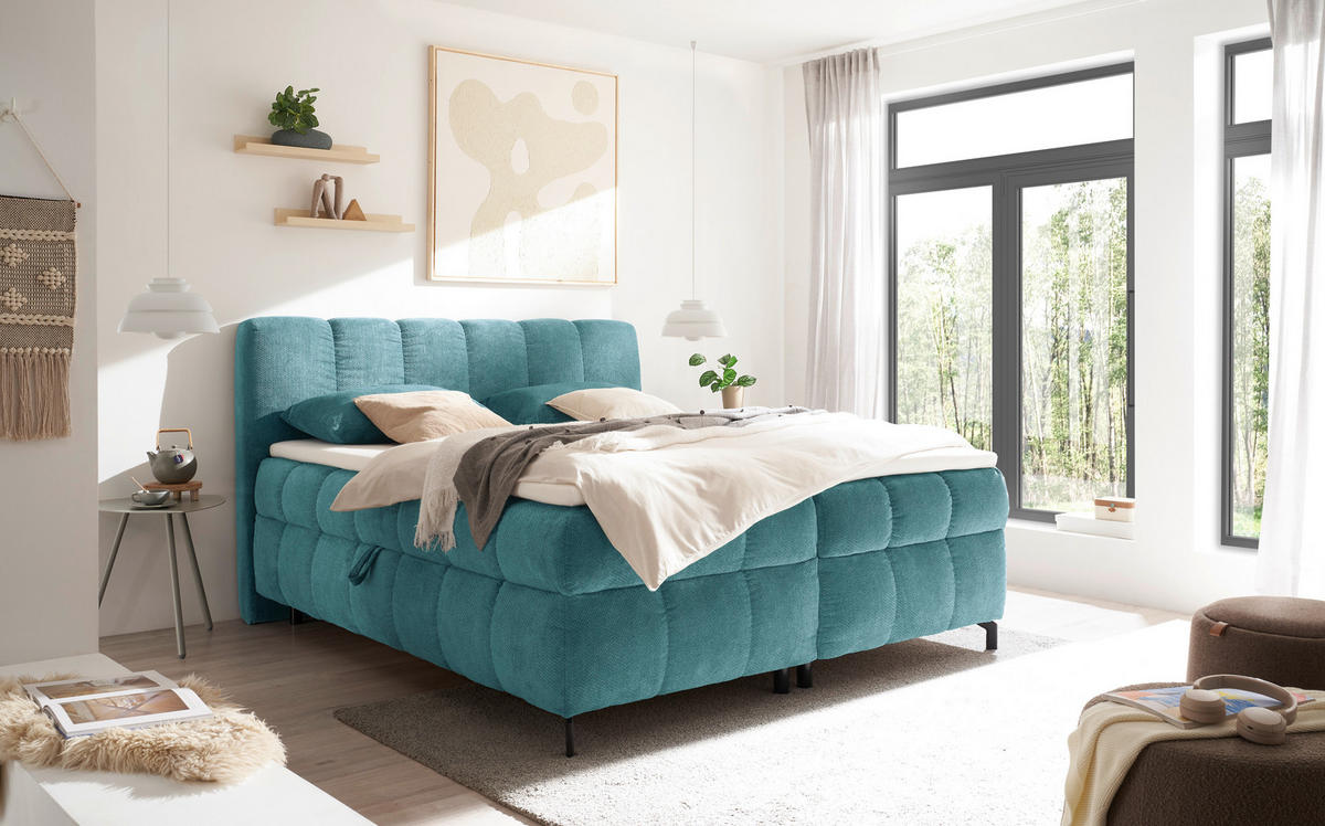 BOXBETT 180/200 cm,  in Petrol, Bettkasten, Topper, Matratzen, H2 = mittel  - Petrol/Schwarz, KONVENTIONELL, Kunststoff/Textil (180/200cm) - Hom`in