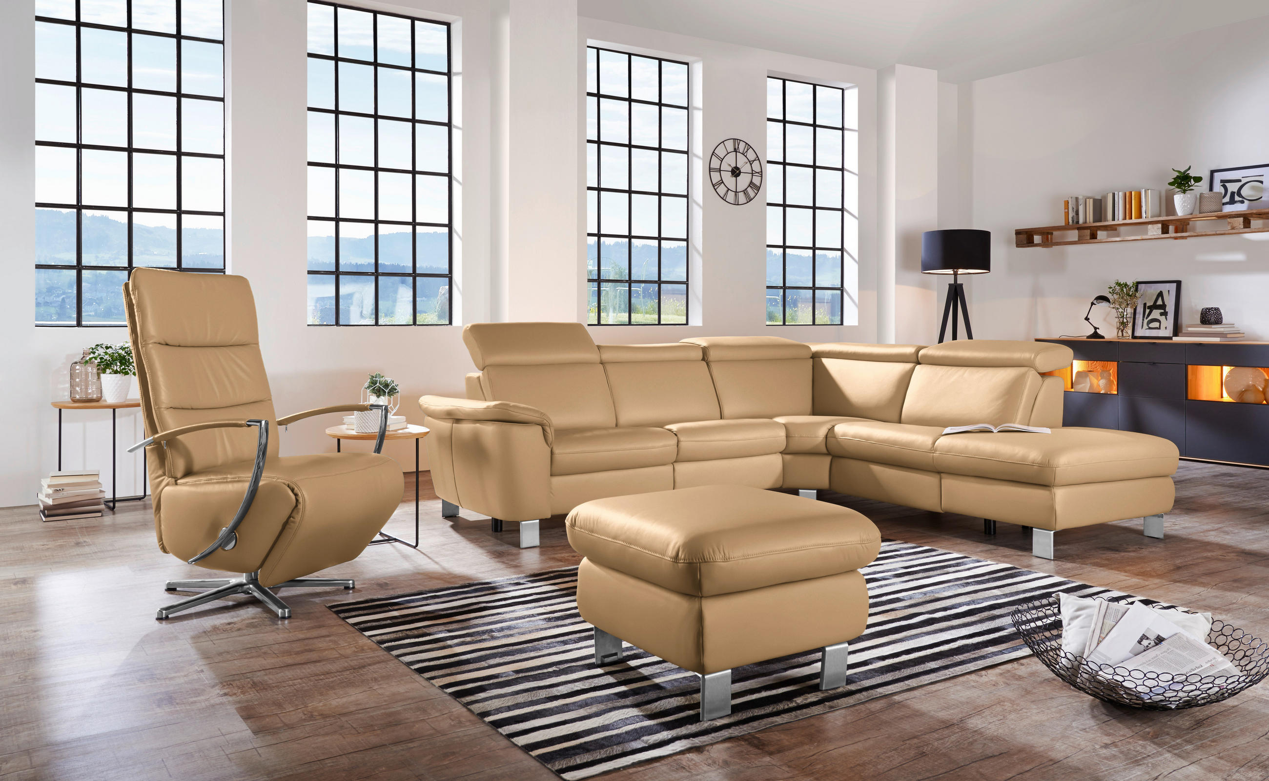 ECKSOFA in Echtleder Honig  - Alufarben/Honig, Design, Leder/Metall (271/239cm) - Cantus