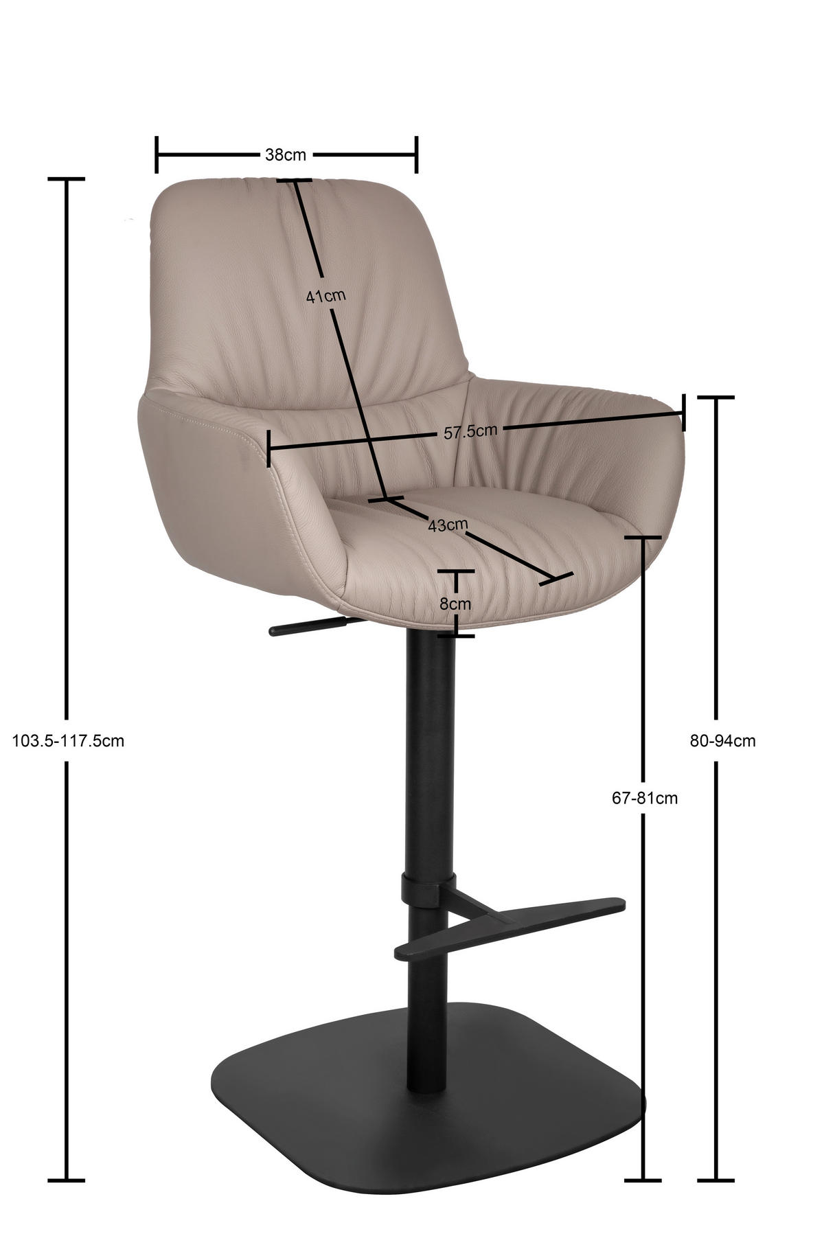 BARHOCKER Echtleder Schwarz, Taupe Eisen Sitzfläche 360° drehbar, inklusive Armlehnen  - Taupe/Schwarz, Design, Leder/Metall (57,5/110/59,5cm) - Dieter Knoll